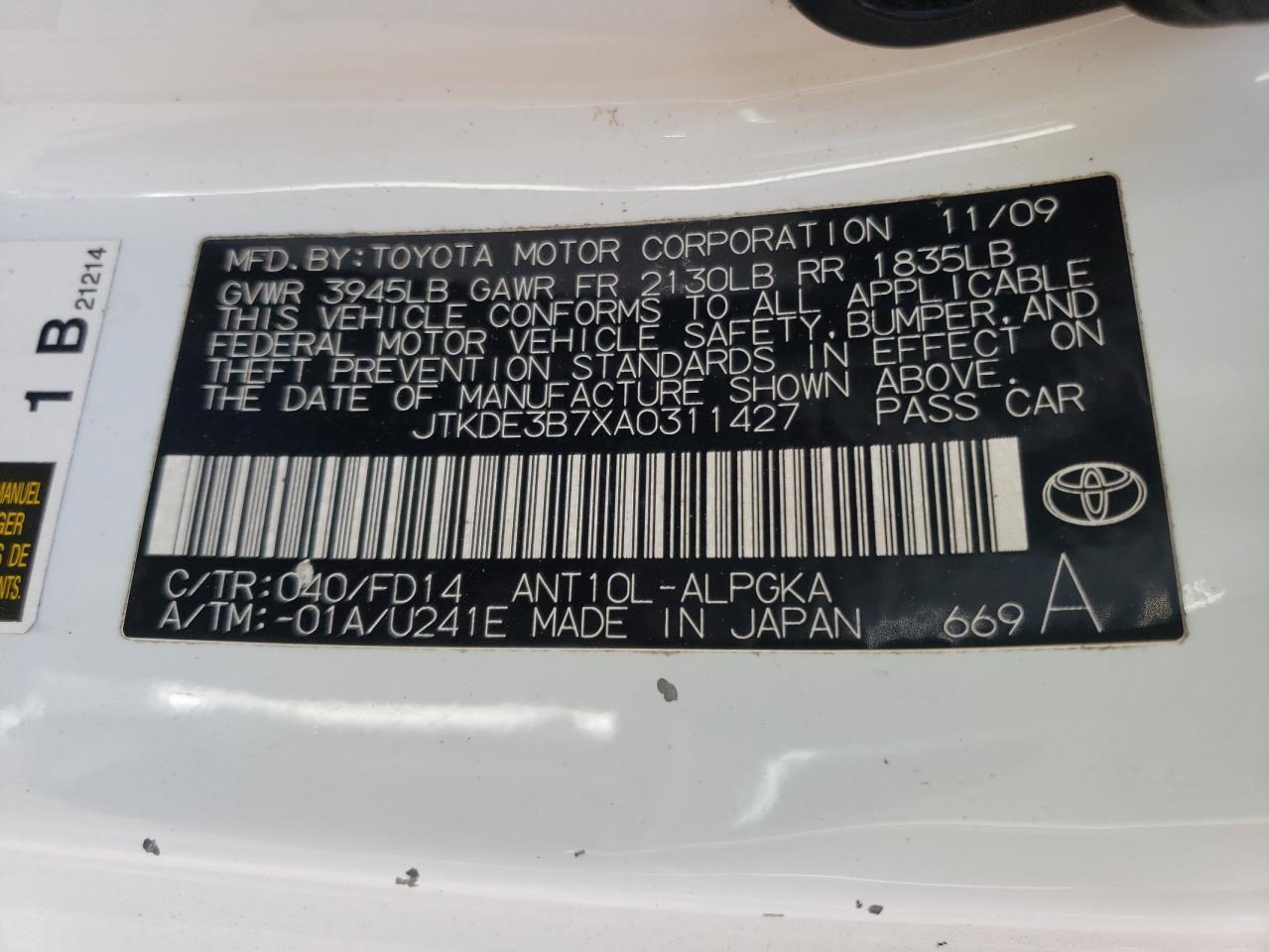 Photo 10 from auction – 2010 TOYOTA SCION TC with VIN JTKDE3B7XA0311427