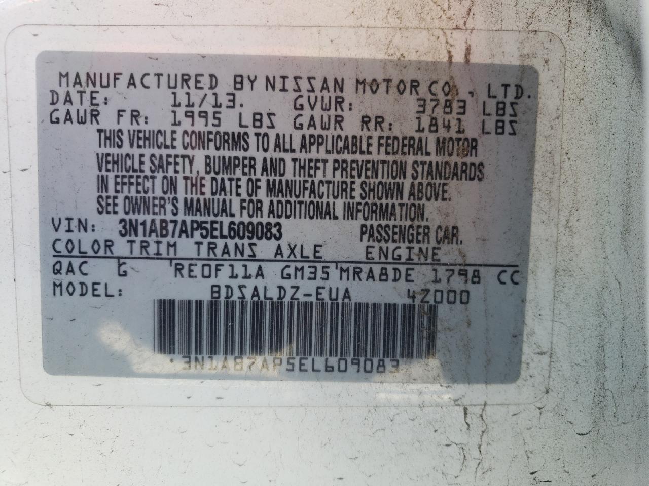 Photo 10 from auction – 2014 NISSAN SENTRA S with VIN 3N1AB7AP5EL609083