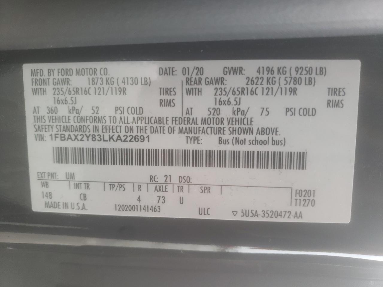 Photo 10 from auction – 2020 FORD TRANSIT T- with VIN 1FBAX2Y83LKA22691