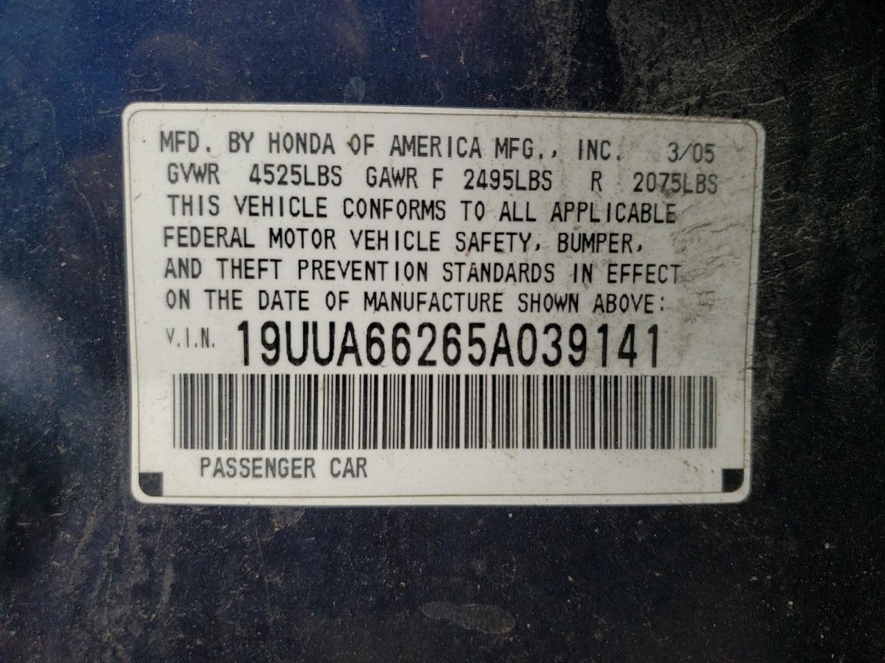 Photo 10 from auction – 2005 ACURA TL with VIN 19UUA66265A039141