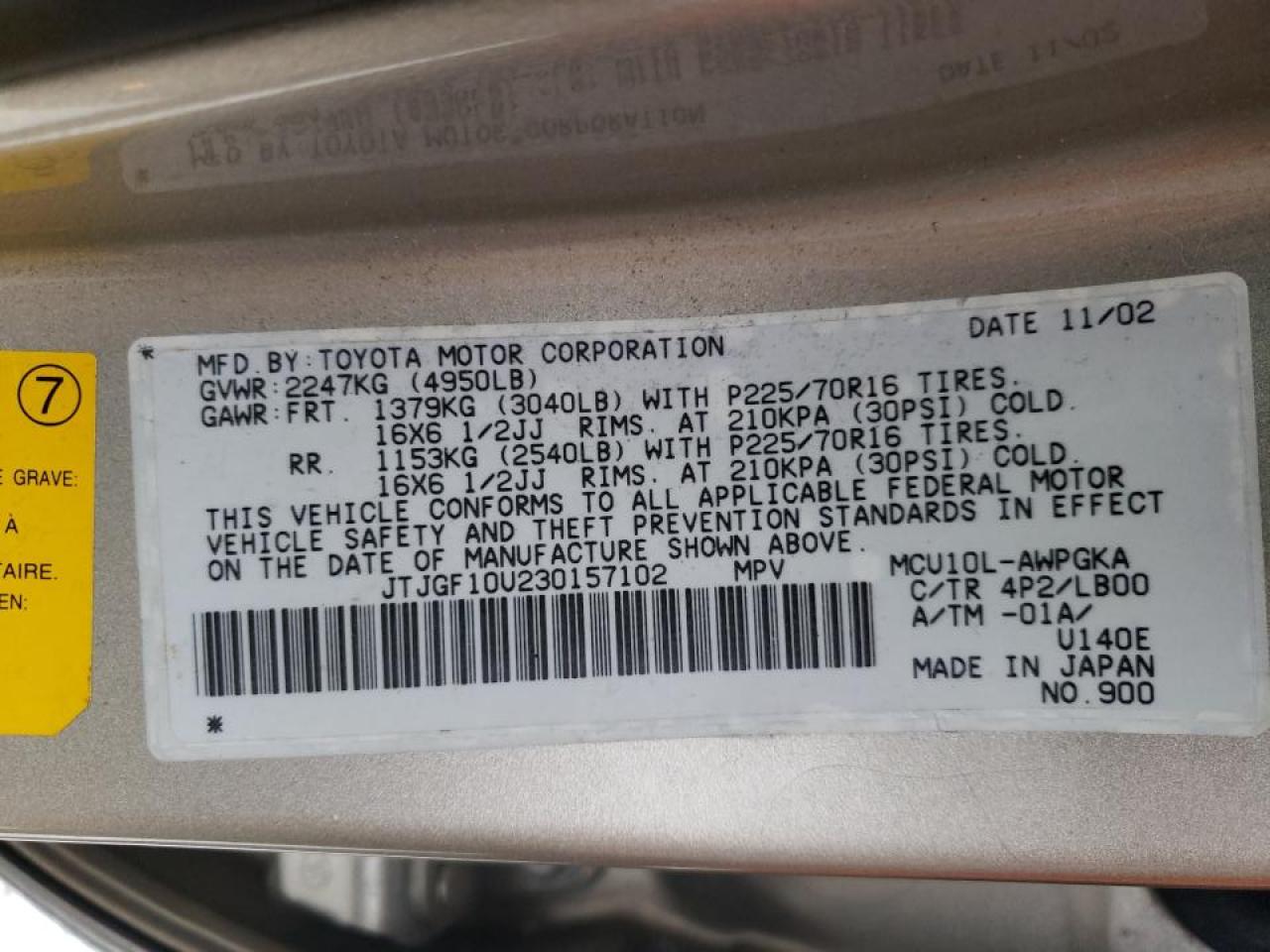 Photo 10 from auction – 2003 LEXUS RX 300 with VIN JTJGF10U230157102