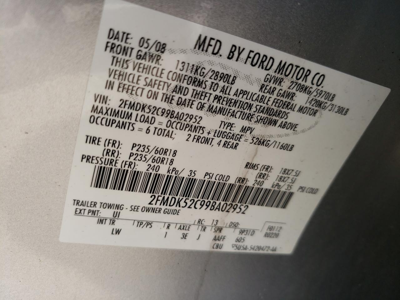 Photo 10 from auction – 2009 FORD FLEX SEL with VIN 2FMDK52C99BA02952