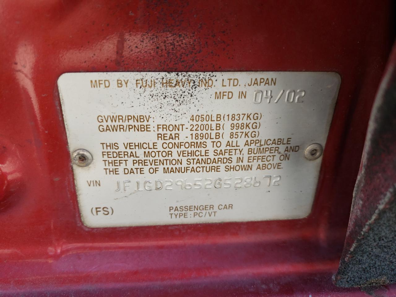 Photo 10 from auction – 2002 SUBARU IMPREZA WR with VIN JF1GD29652G528672