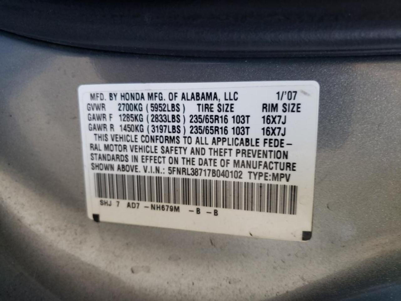 Photo 10 from auction – 2007 HONDA ODYSSEY EX with VIN 5FNRL38717B040102