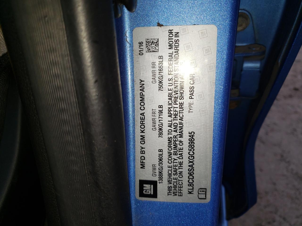 Photo 10 from auction – 2016 CHEVROLET SPARK 1LT with VIN KL8CD6SAXGC589845