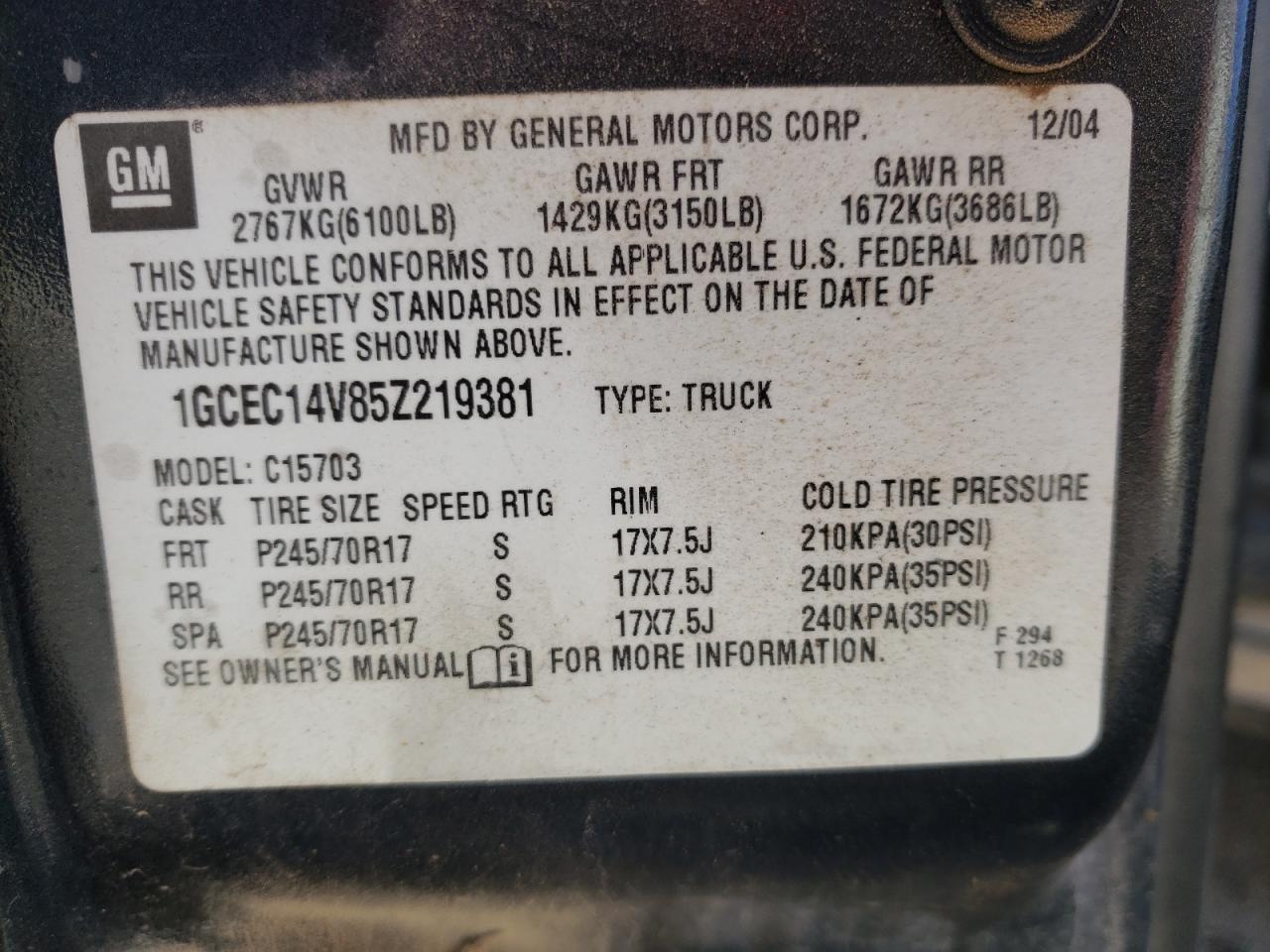 Photo 10 from auction – 2005 CHEVROLET SILVERADO with VIN 1GCEC14V85Z219381