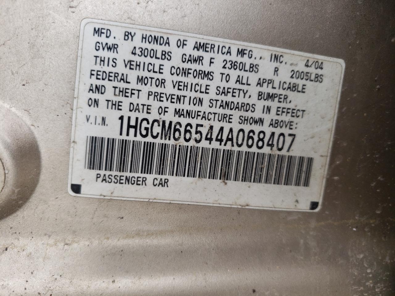 Photo 10 from auction – 2004 HONDA ACCORD with VIN 1HGCM66544A068407