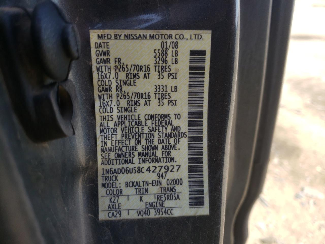 Photo 10 from auction – 2008 NISSAN FRONTIER K with VIN 1N6AD06U58C427927