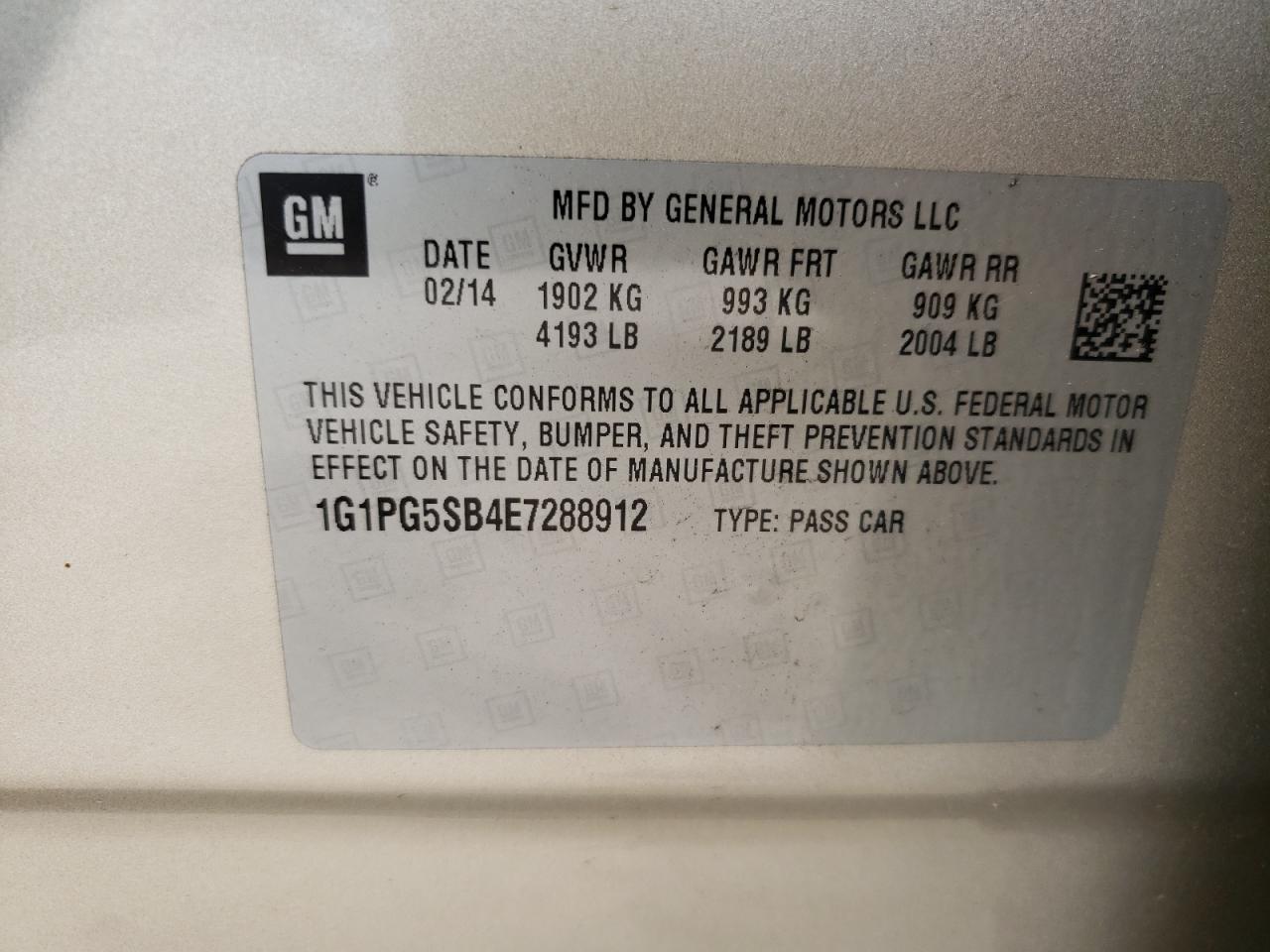 Photo 10 from auction – 2014 CHEVROLET CRUZE LTZ with VIN 1G1PG5SB4E7288912