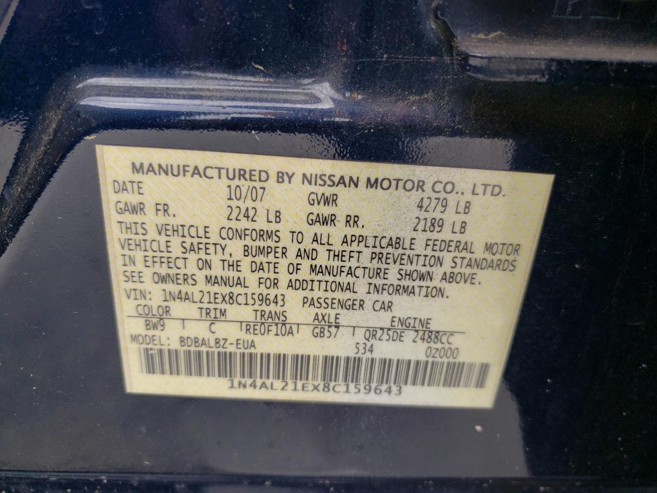Photo 10 from auction – 2008 NISSAN ALTIMA 2.5 with VIN 1N4AL21EX8C159643