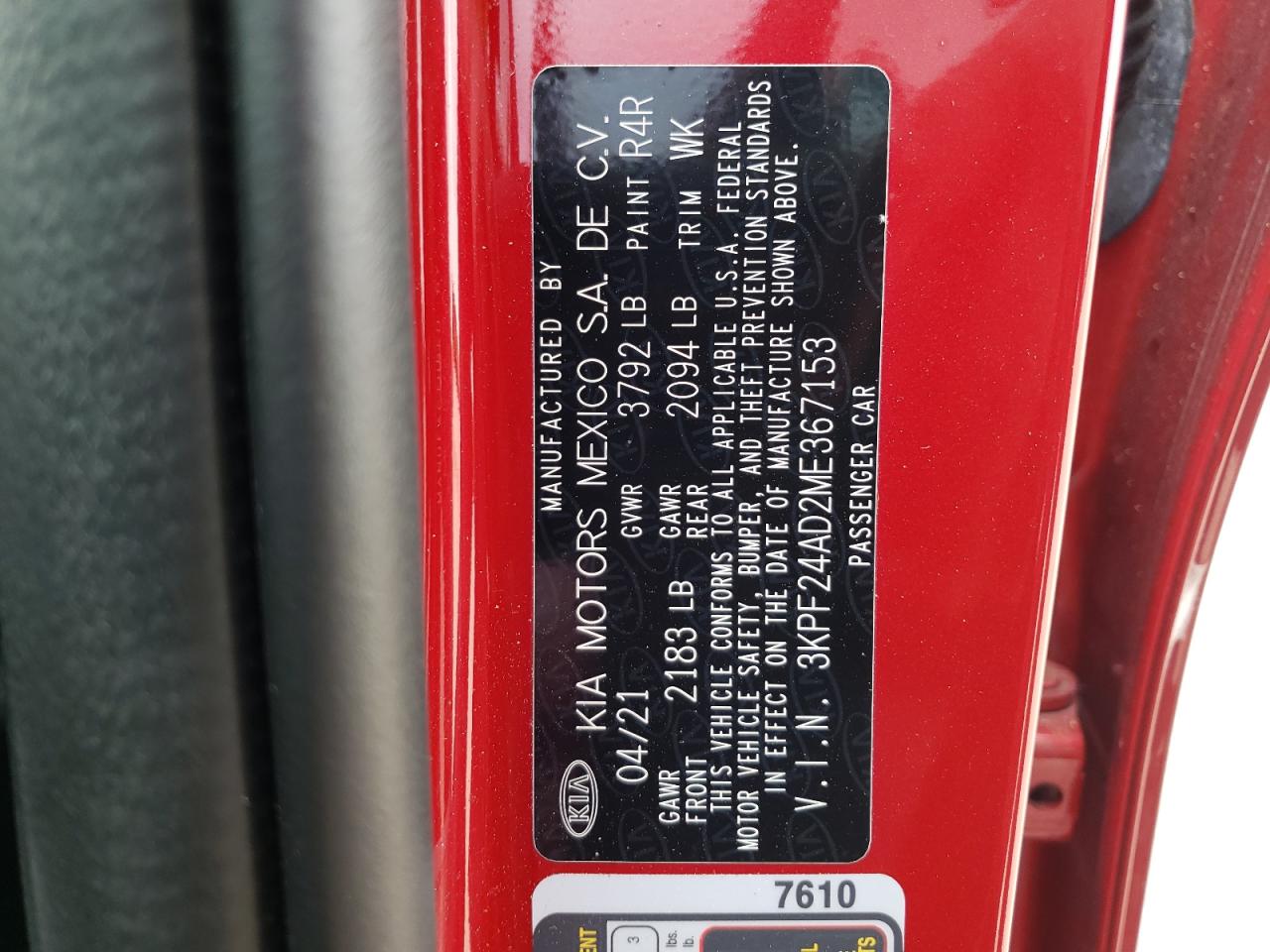 Photo 10 from auction – 2021 KIA FORTE FE with VIN 3KPF24AD2ME367153