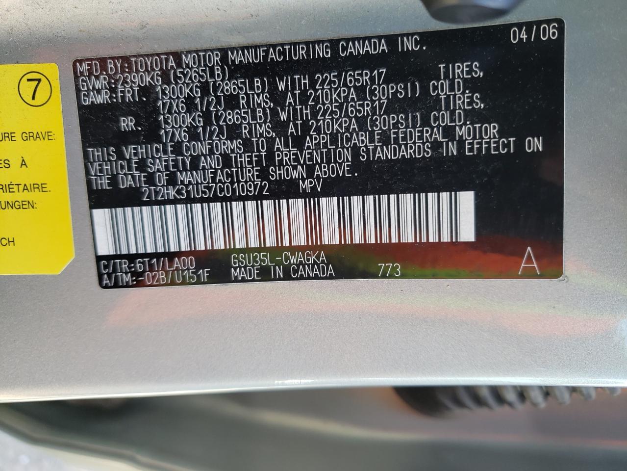 Photo 10 from auction – 2007 LEXUS RX 350 with VIN 2T2HK31U57C010972