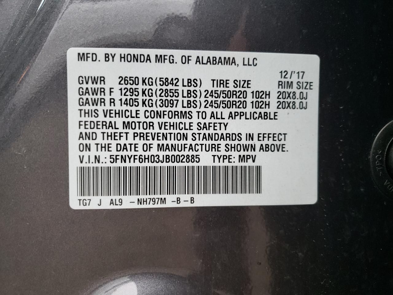 Photo 10 from auction – 2018 HONDA PILOT ELIT with VIN 5FNYF6H03JB002885