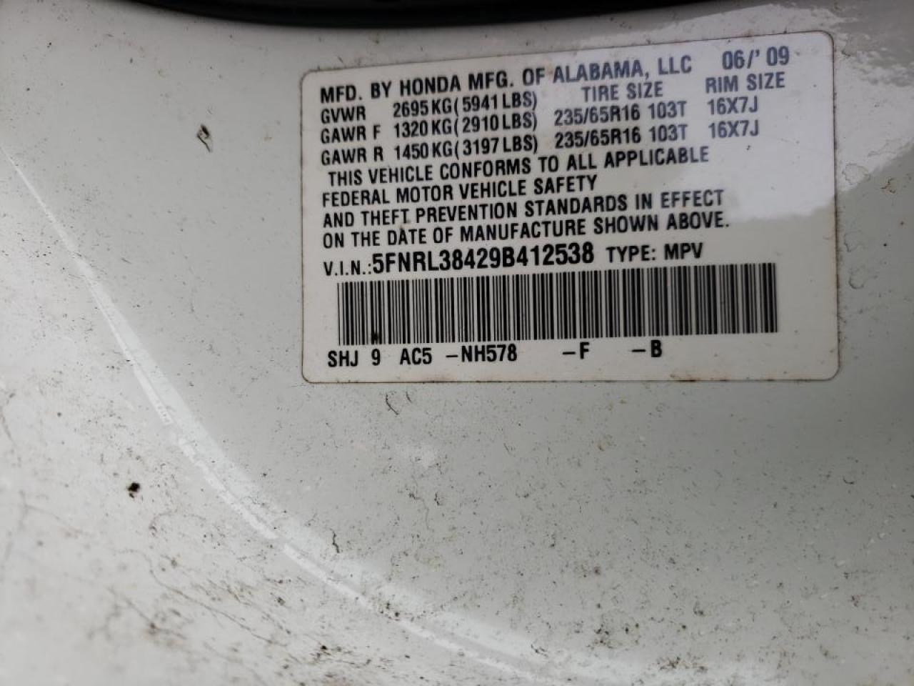 Photo 10 from auction – 2009 HONDA ODYSSEY EX with VIN 5FNRL38429B412538