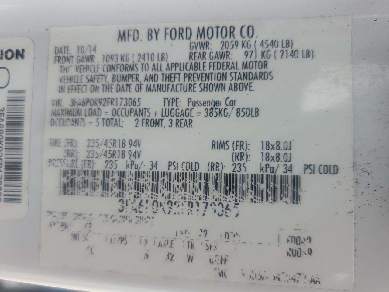 Photo 10 from auction – 2015 FORD FUSION TIT with VIN 3FA6P0K92FR173065