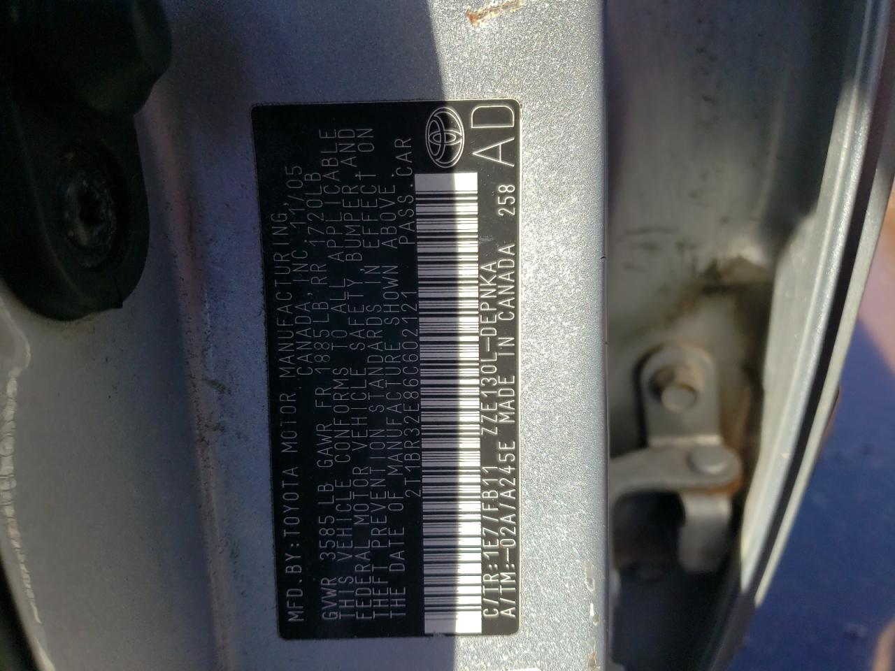 Photo 10 from auction – 2006 TOYOTA COROLLA CE with VIN 2T1BR32E86C602121