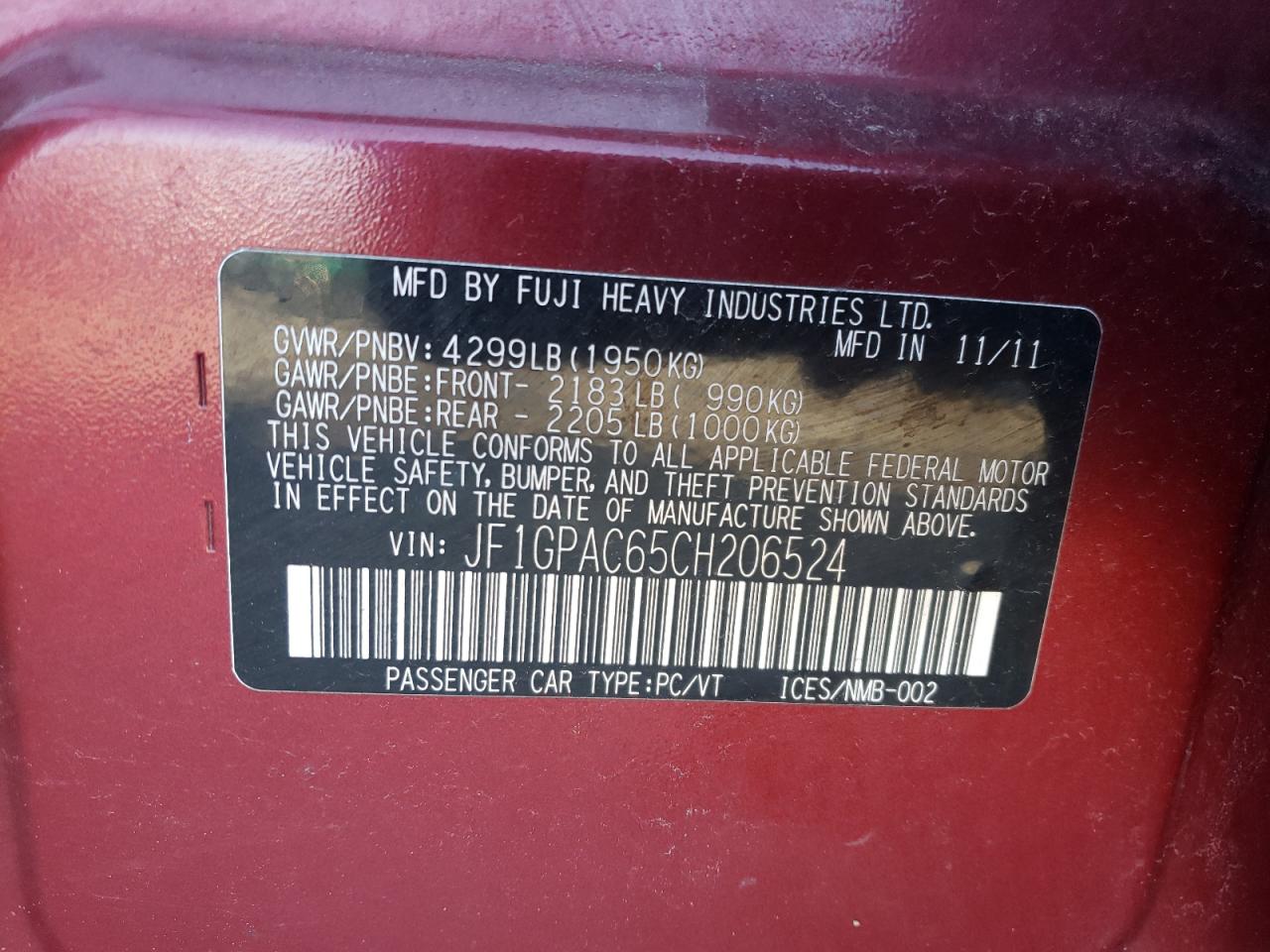 Photo 10 from auction – 2012 SUBARU IMPREZA PR with VIN JF1GPAC65CH206524