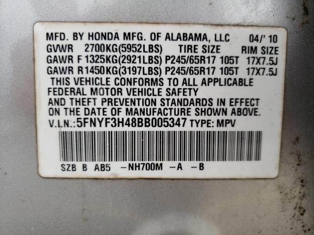 Photo 10 from auction – 2011 HONDA PILOT EX with VIN 5FNYF3H48BB005347