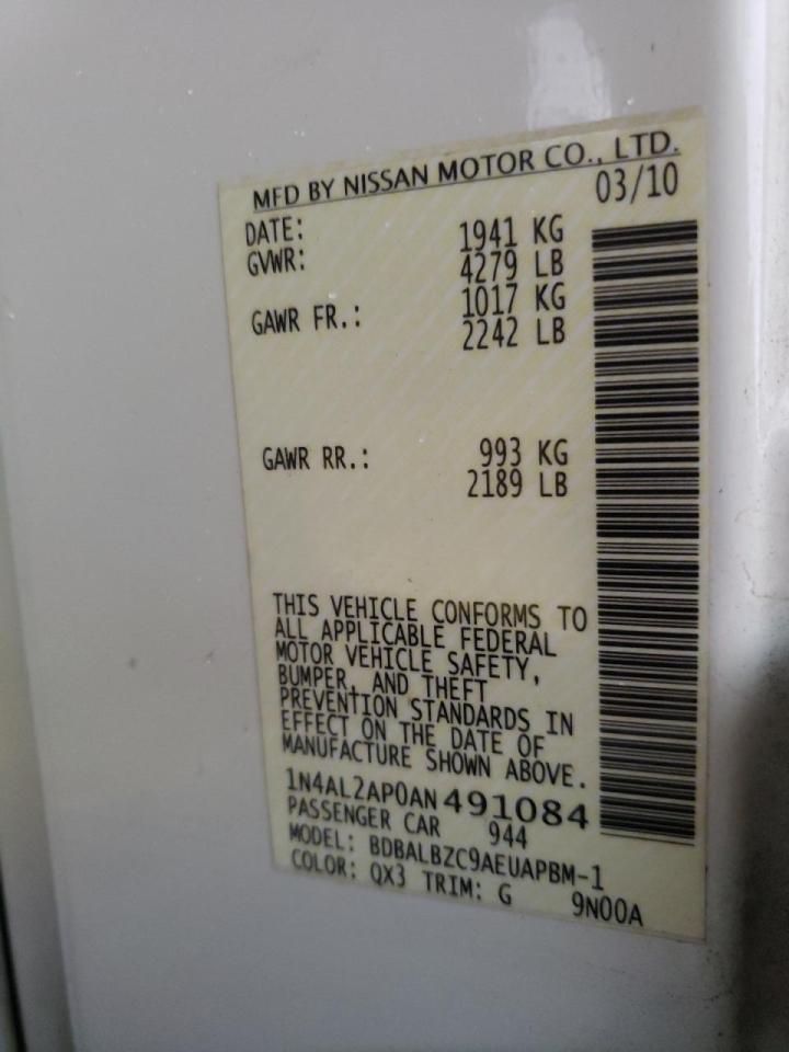 Photo 10 from auction – 2010 NISSAN ALTIMA BAS with VIN 1N4AL2AP0AN491084