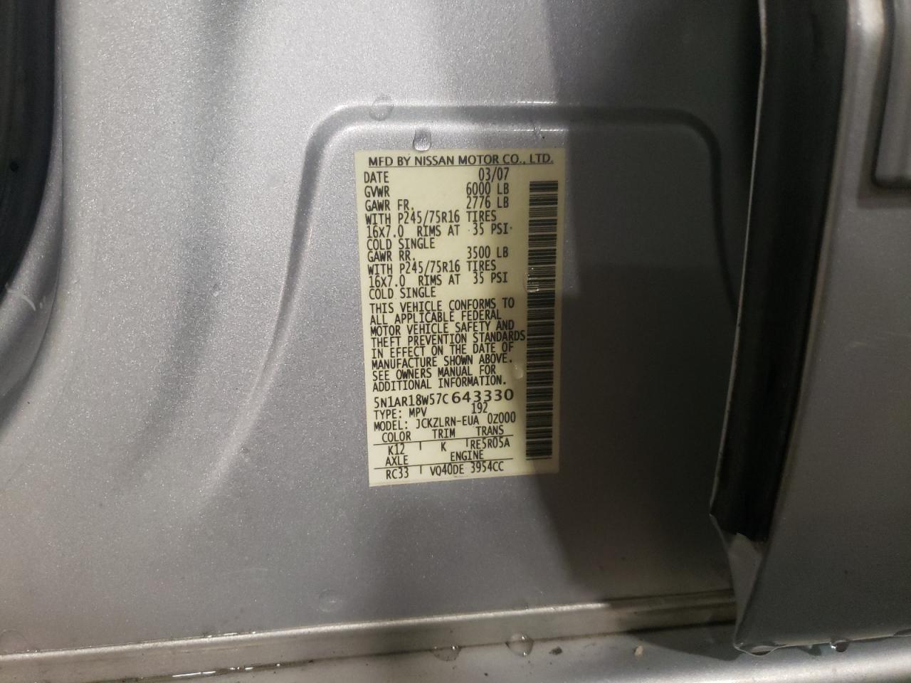 Photo 10 from auction – 2007 NISSAN PATHFINDER with VIN 5N1AR18W57C643330