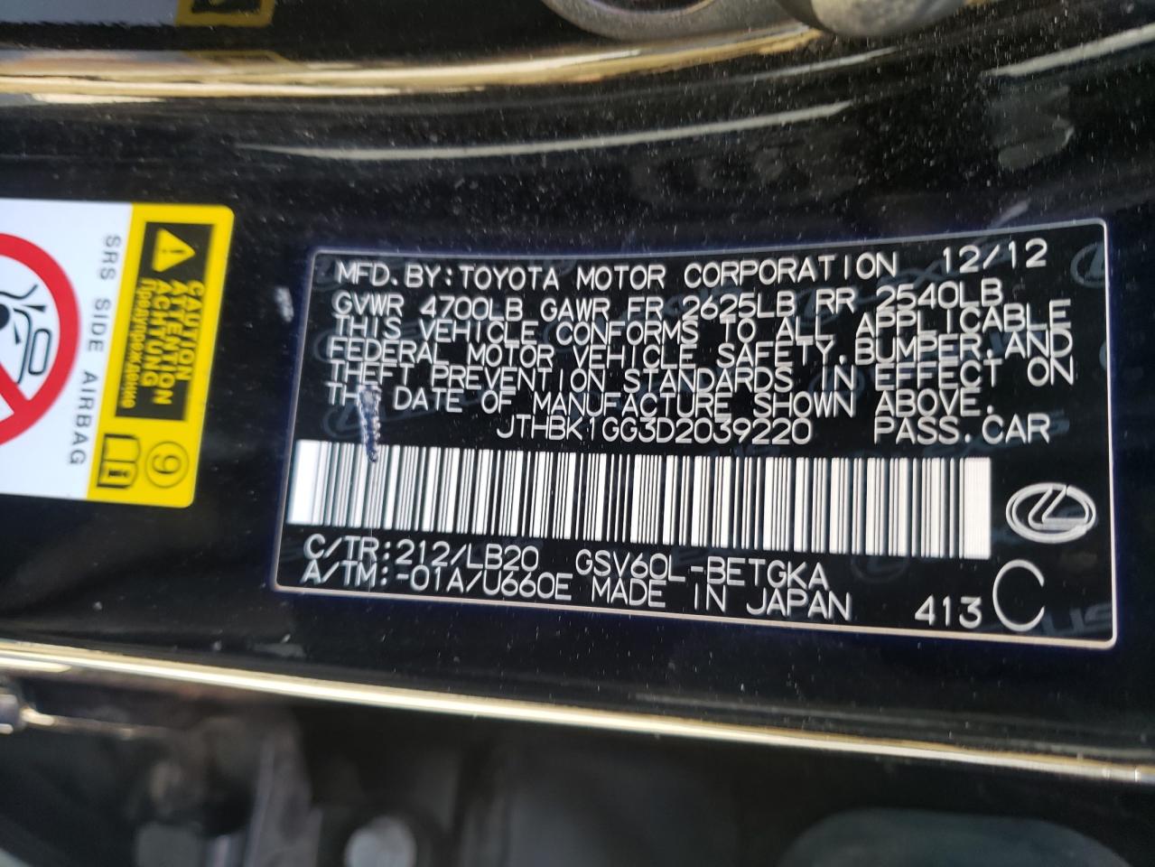 Photo 10 from auction – 2013 LEXUS ES 350 with VIN JTHBK1GG3D2039220