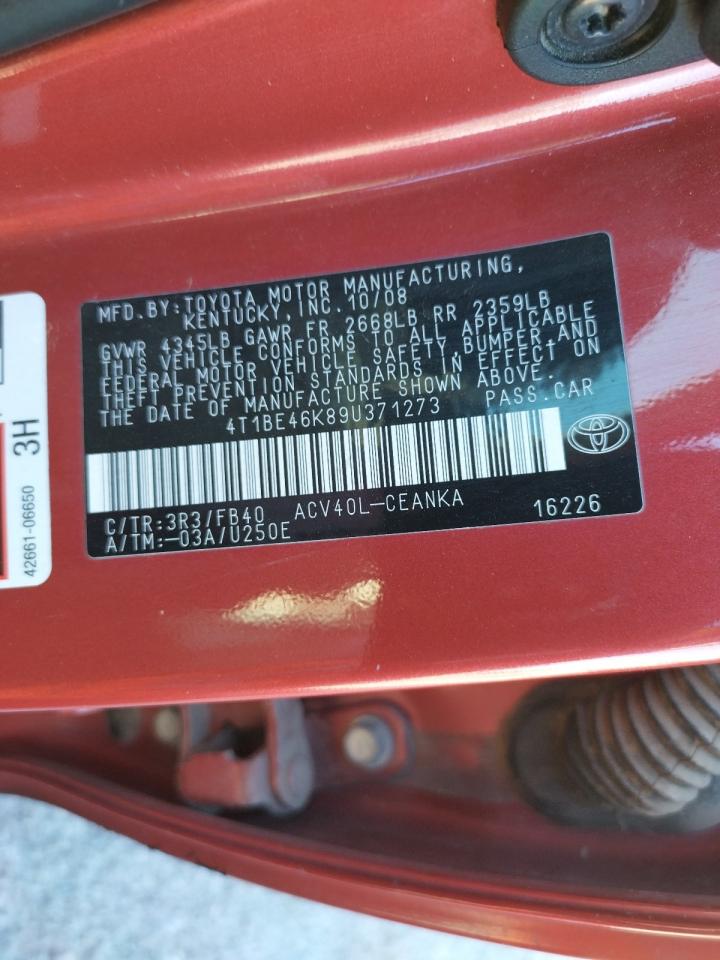 Photo 10 from auction – 2009 TOYOTA CAMRY BASE with VIN 4T1BE46K89U371273