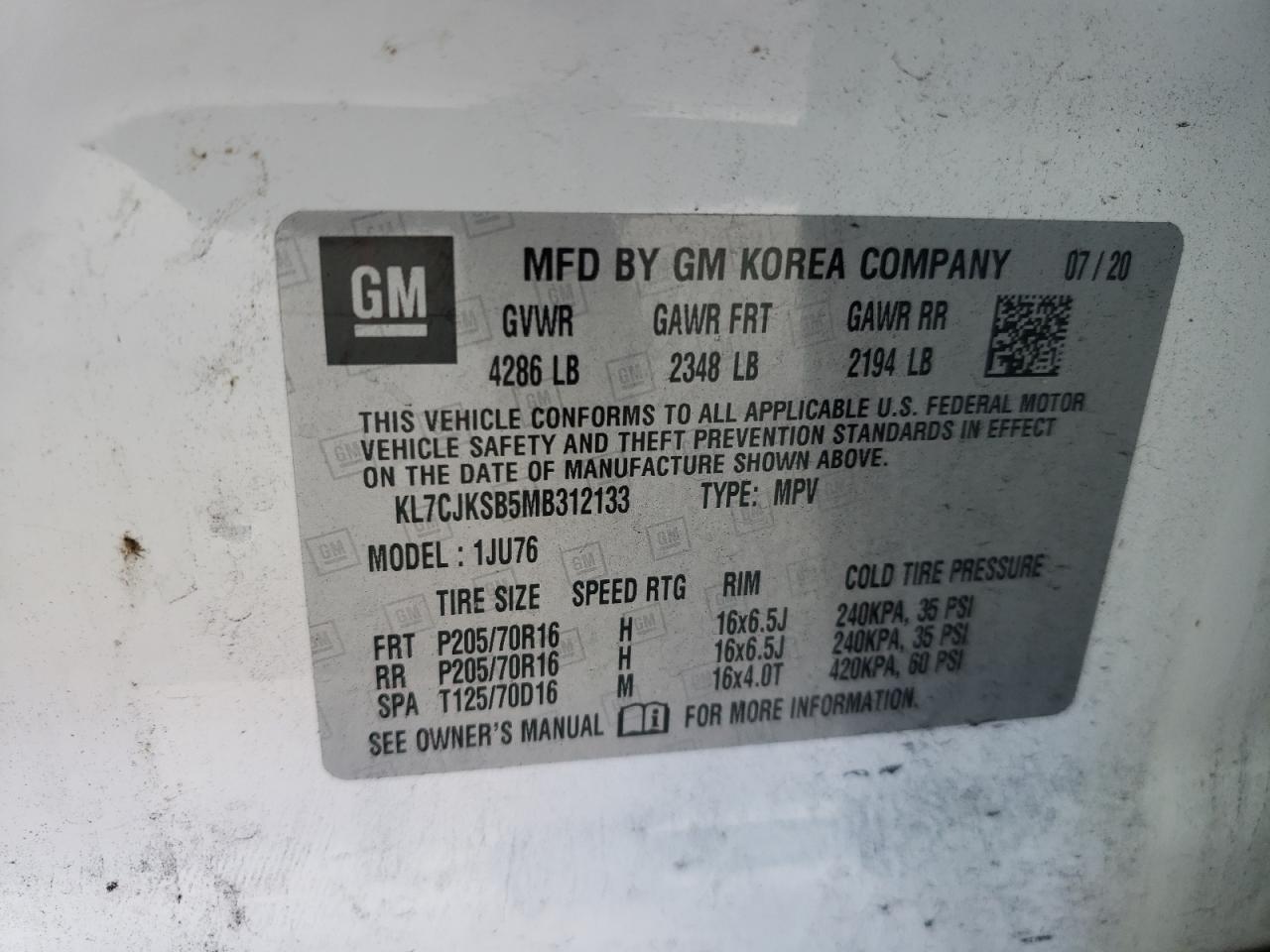 Photo 10 from auction – 2021 CHEVROLET TRAX LS with VIN KL7CJKSB5MB312133