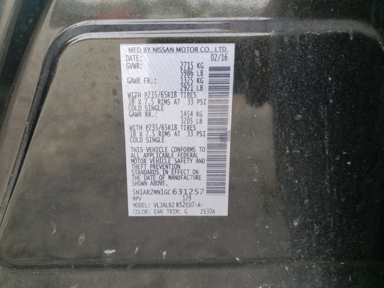 Photo 10 from auction – 2016 NISSAN PATHFINDER with VIN 5N1AR2MN1GC631257