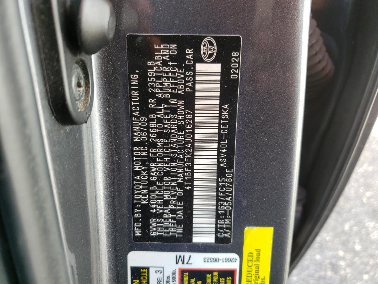 Photo 10 from auction – 2010 TOYOTA CAMRY BASE with VIN 4T1BF3EK2AU016287