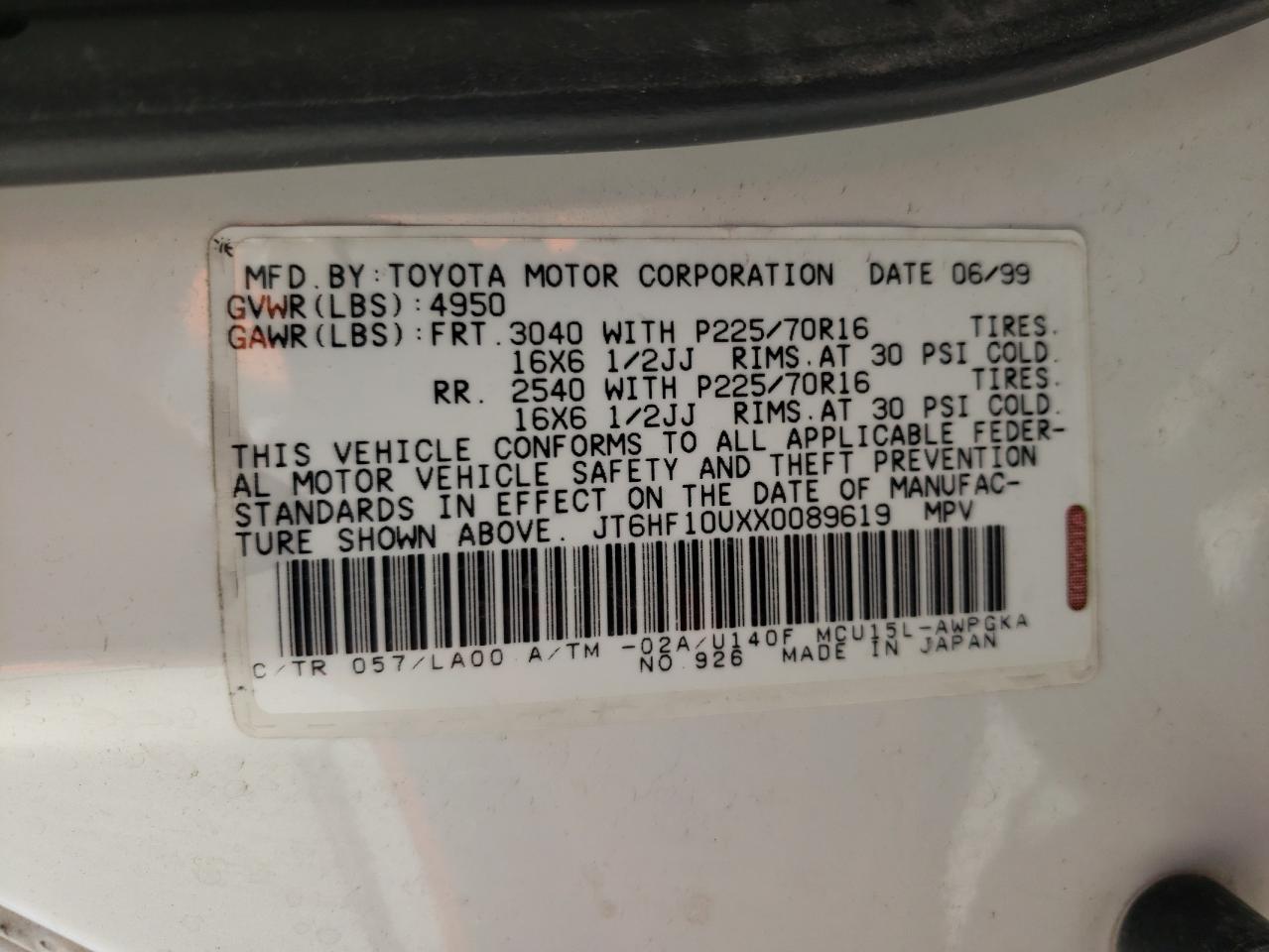 Photo 10 from auction – 1999 LEXUS RX 300 with VIN JT6HF10UXX0089619