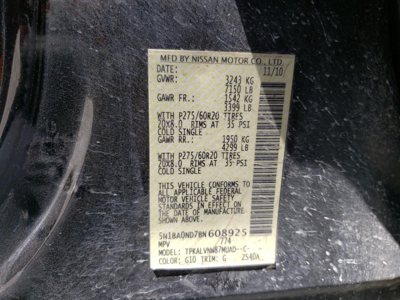 Photo 10 from auction – 2011 NISSAN ARMADA SV with VIN 5N1BA0ND7BN608925