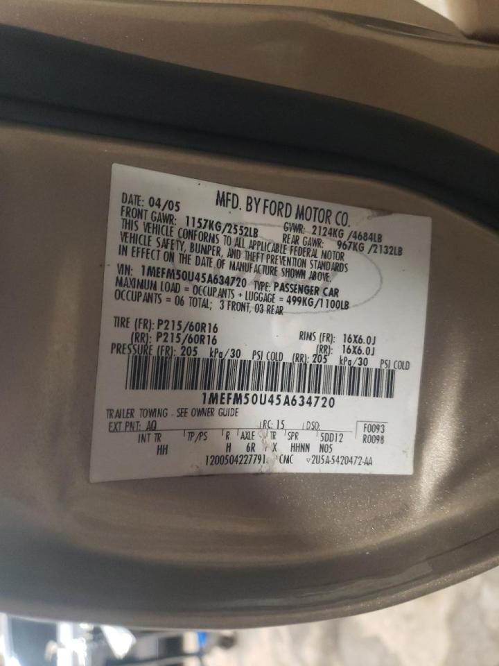 Photo 10 from auction – 2005 MERCURY SABLE GS with VIN 1MEFM50U45A634720