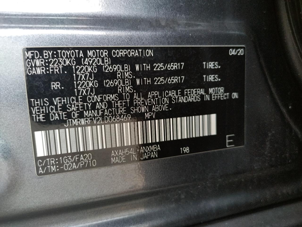 Photo 10 from auction – 2020 TOYOTA RAV4 XLE with VIN JTMRWRFV2LD068469