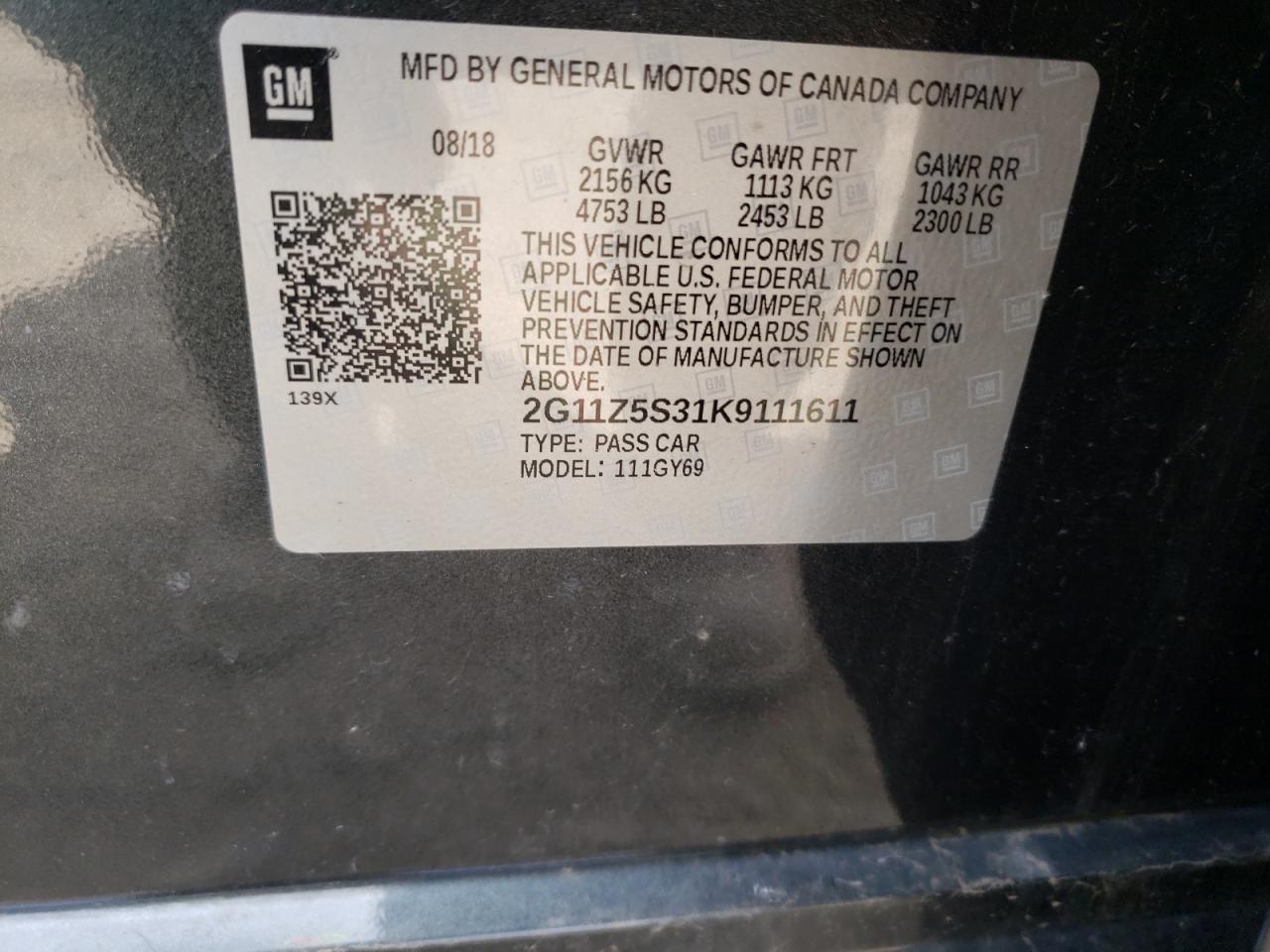 Photo 10 from auction – 2019 CHEVROLET IMPALA LT with VIN 2G11Z5S31K9111611