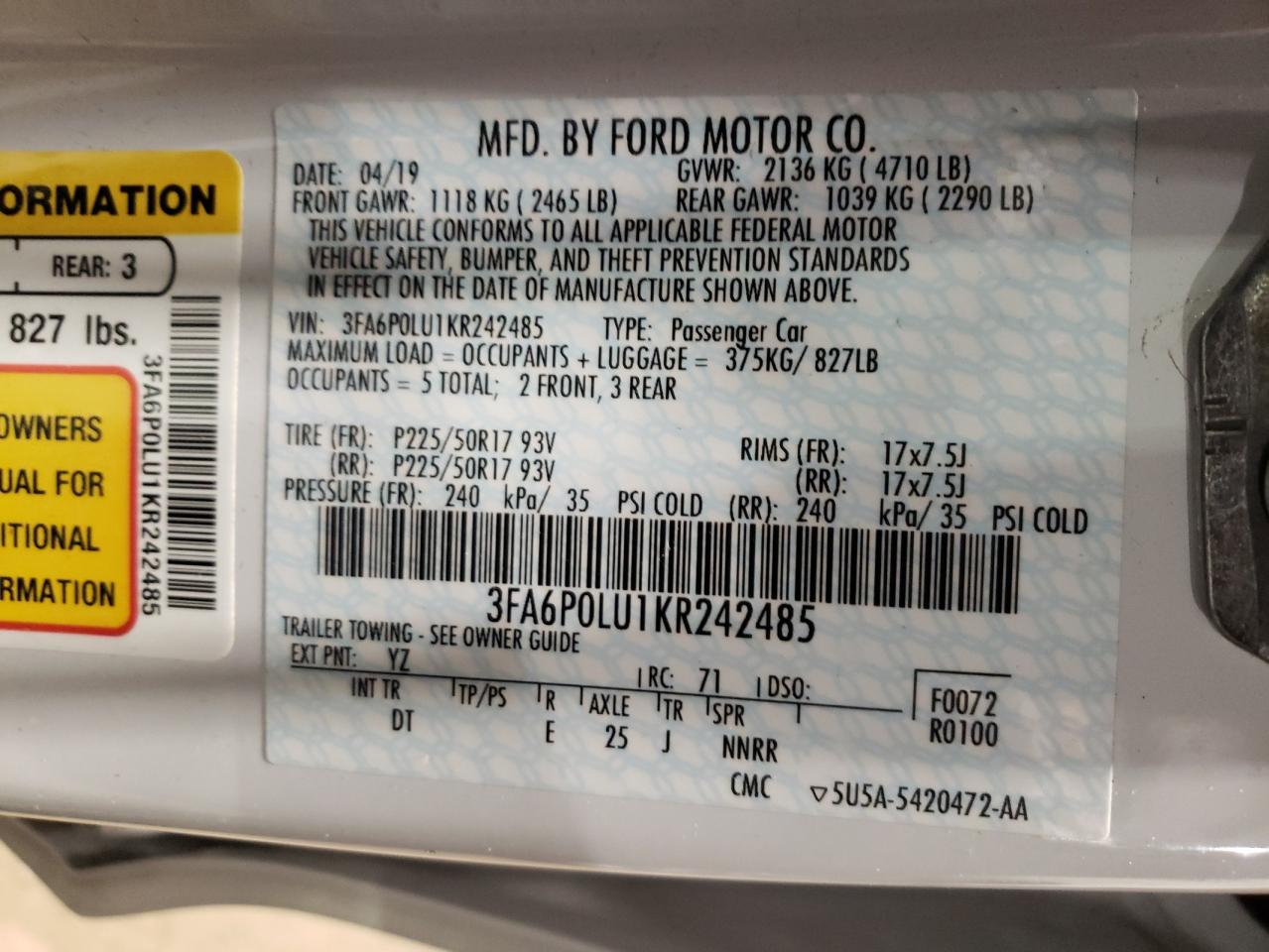Photo 10 from auction – 2019 FORD FUSION SE with VIN 3FA6P0LU1KR242485