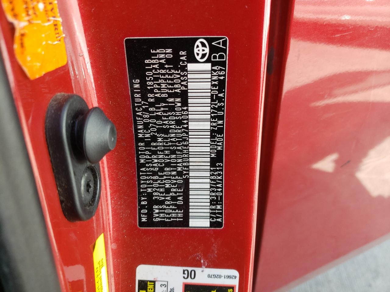 Photo 10 from auction – 2018 TOYOTA COROLLA L with VIN 5YFBURHE6JP744064