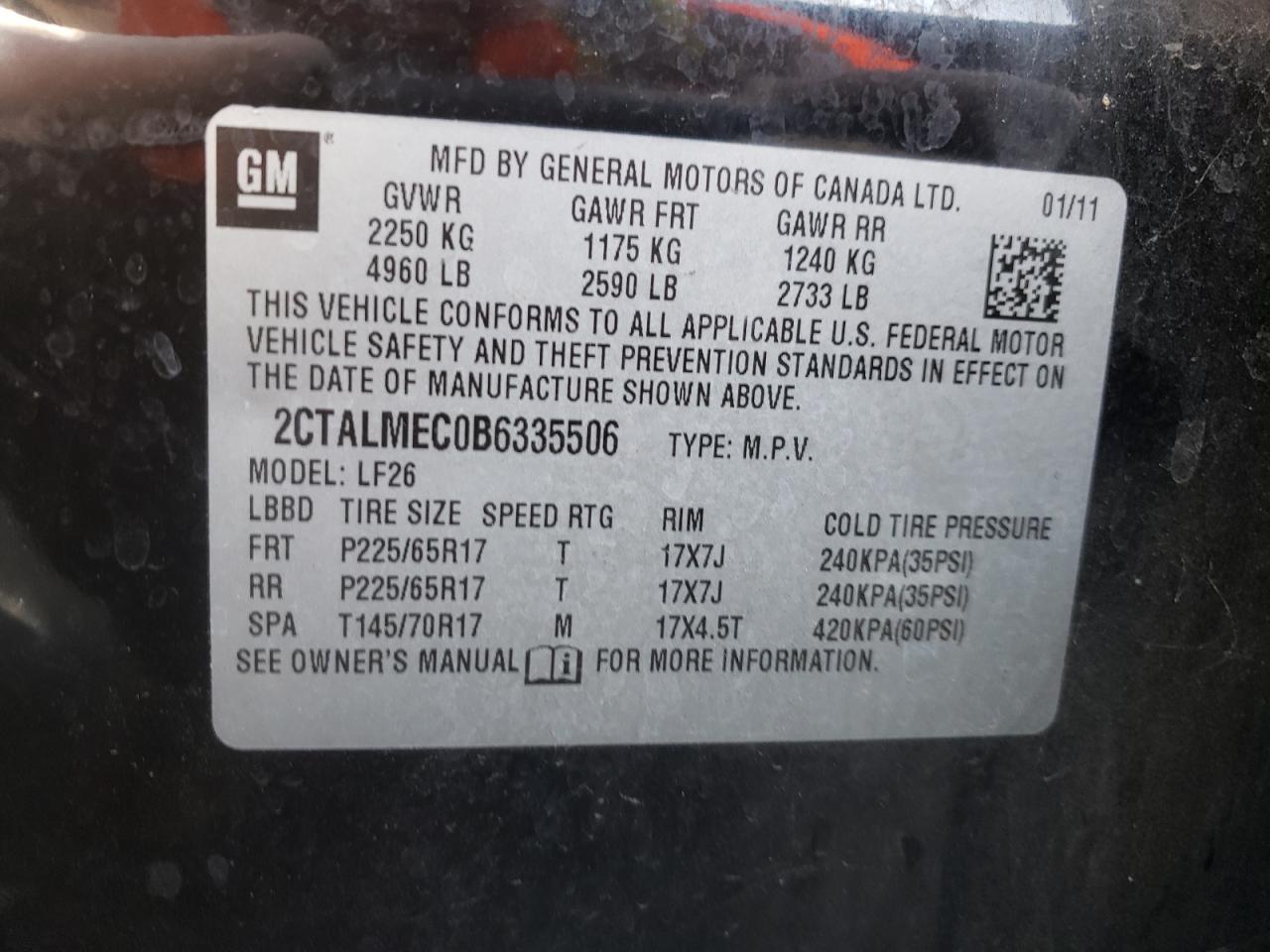 Photo 10 from auction – 2011 GMC TERRAIN SL with VIN 2CTALMEC0B6335506
