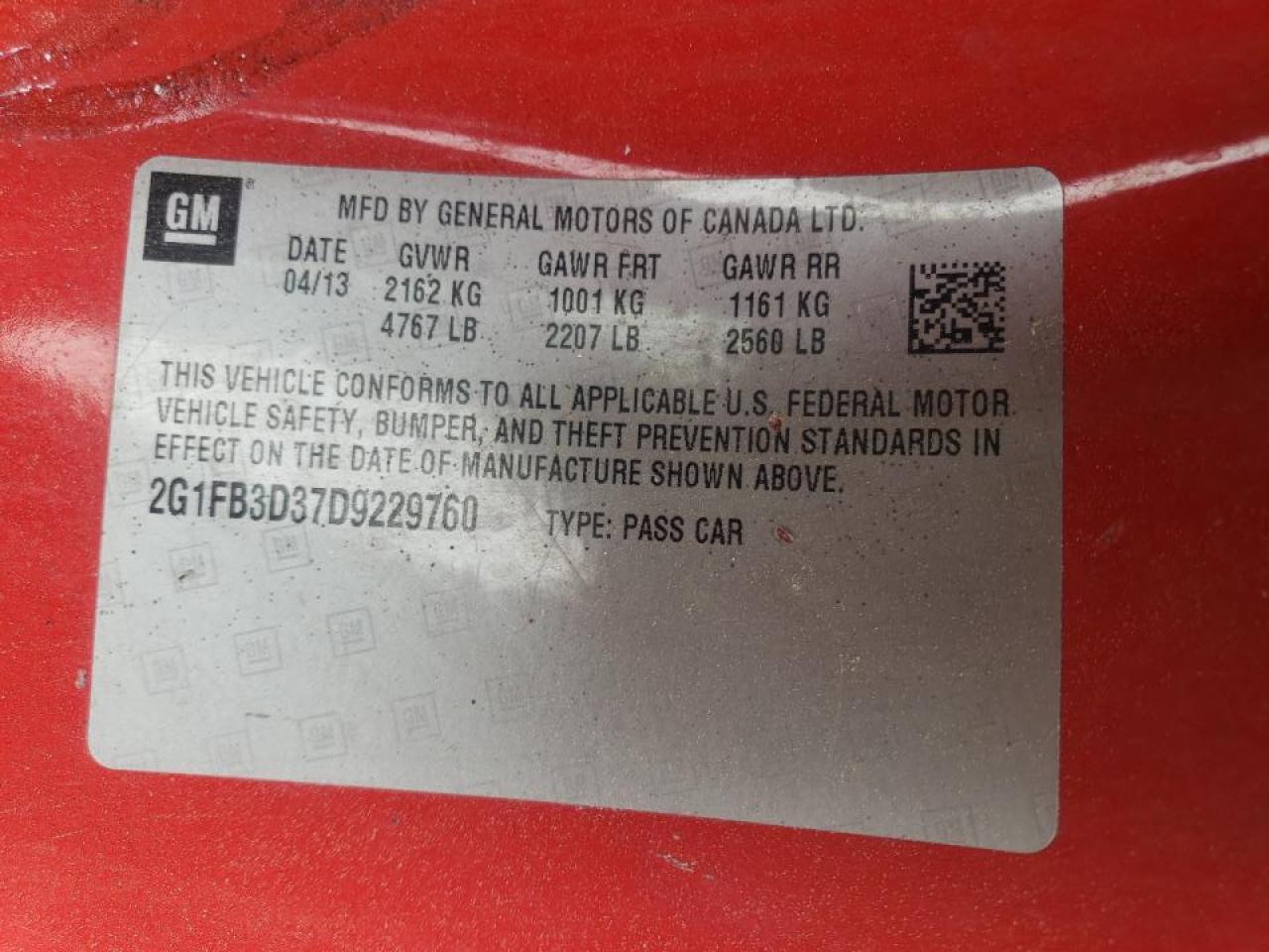 Photo 10 from auction – 2013 CHEVROLET CAMARO LT with VIN 2G1FB3D37D9229760