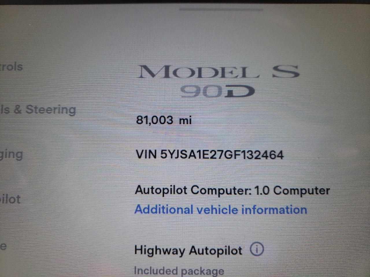 Photo 8 from auction – 2016 TESLA MODEL S with VIN 5YJSA1E27GF132464