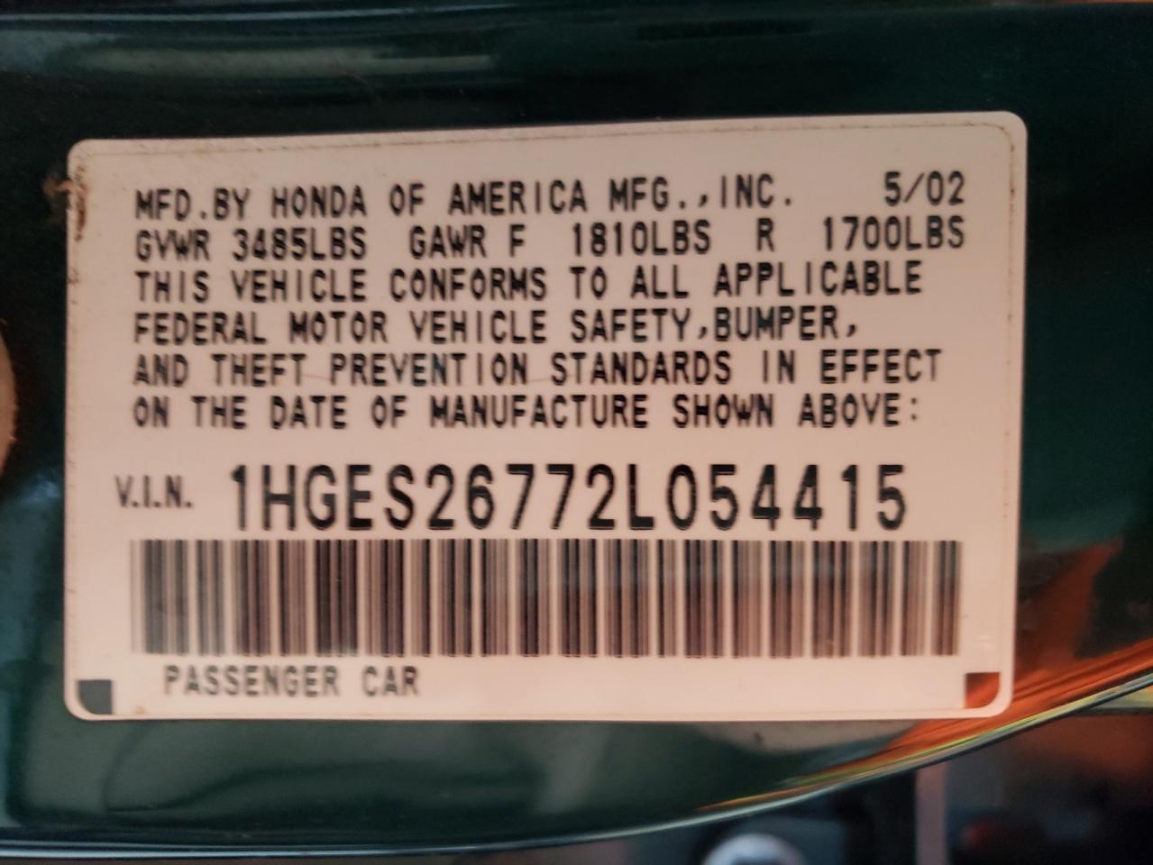 Photo 10 from auction – 2002 HONDA CIVIC EX with VIN 1HGES26772L054415