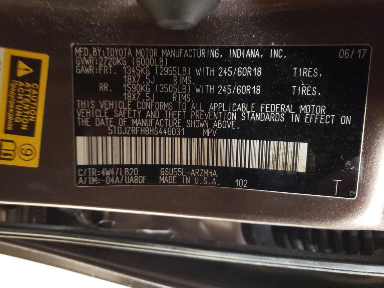 Photo 10 from auction – 2017 TOYOTA HIGHLANDER with VIN 5TDJZRFH8HS446031