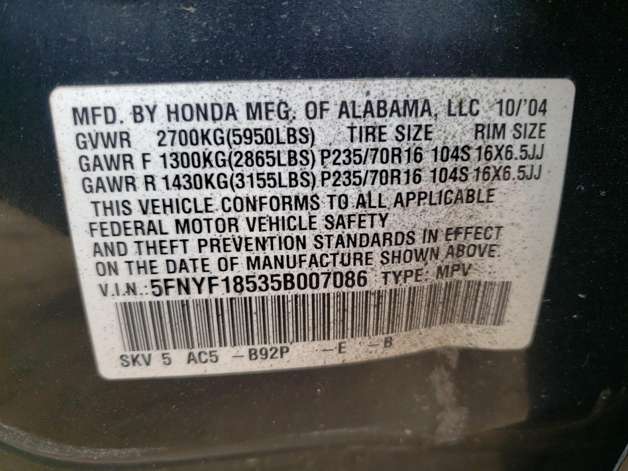 Photo 10 from auction – 2005 HONDA PILOT EXL with VIN 5FNYF18535B007086
