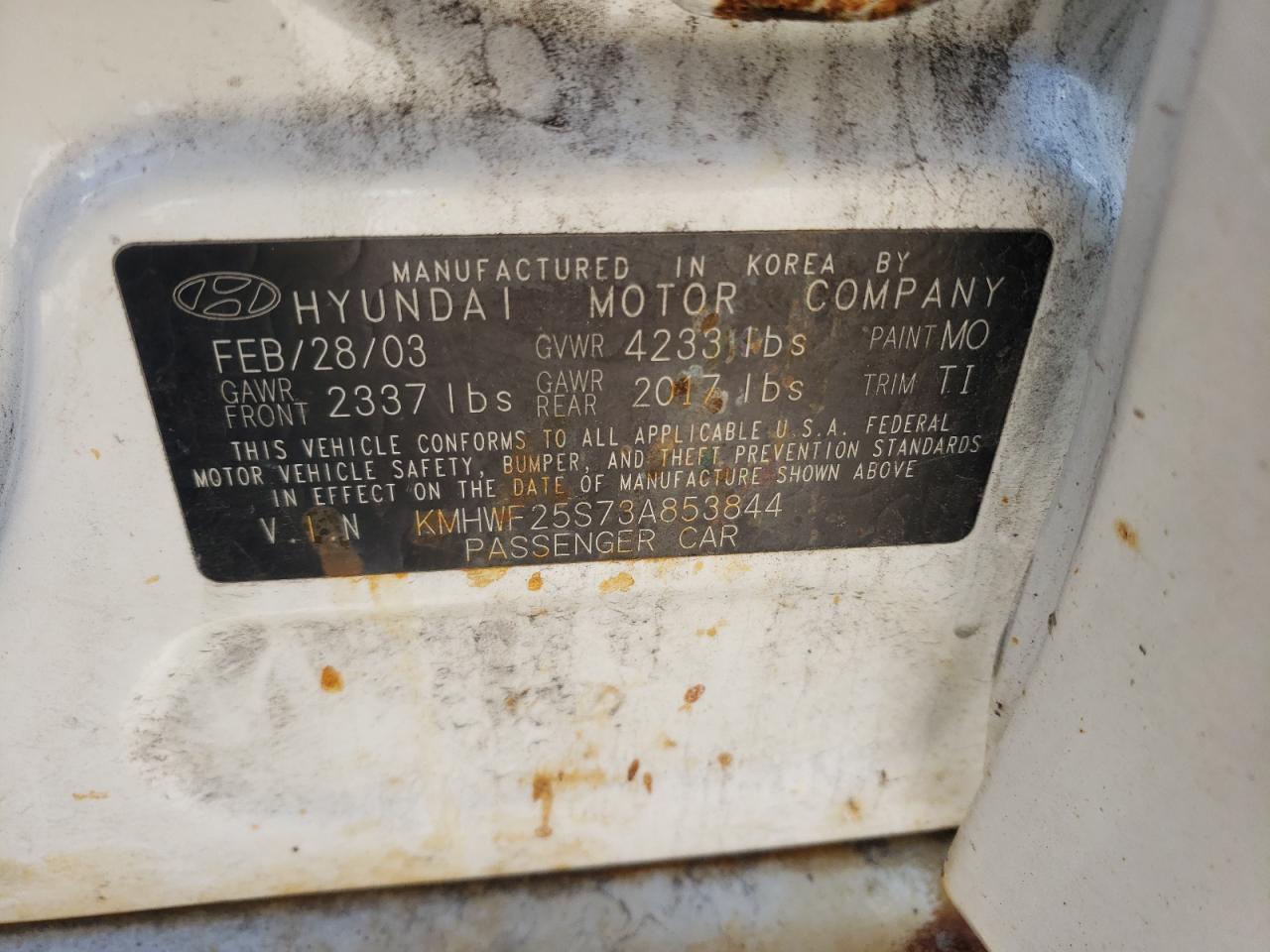 Photo 10 from auction – 2003 HYUNDAI SONATA GL with VIN KMHWF25S73A853844