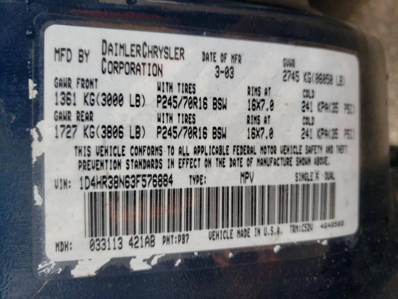 Photo 10 from auction – 2003 DODGE DURANGO SP with VIN 1D4HR38N63F576884