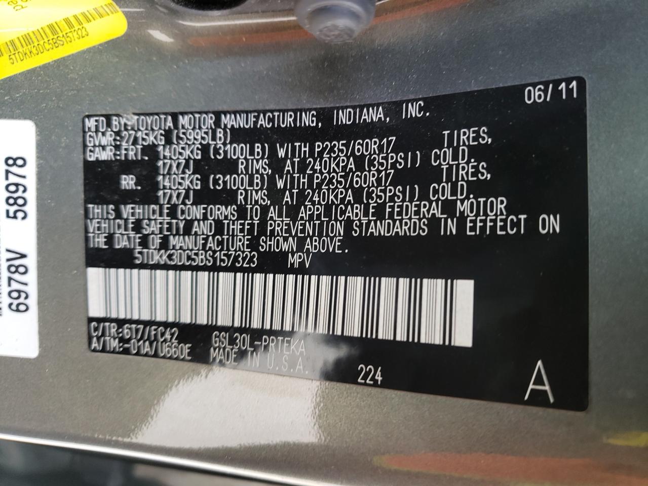 Photo 10 from auction – 2011 TOYOTA SIENNA LE with VIN 5TDKK3DC5BS157323