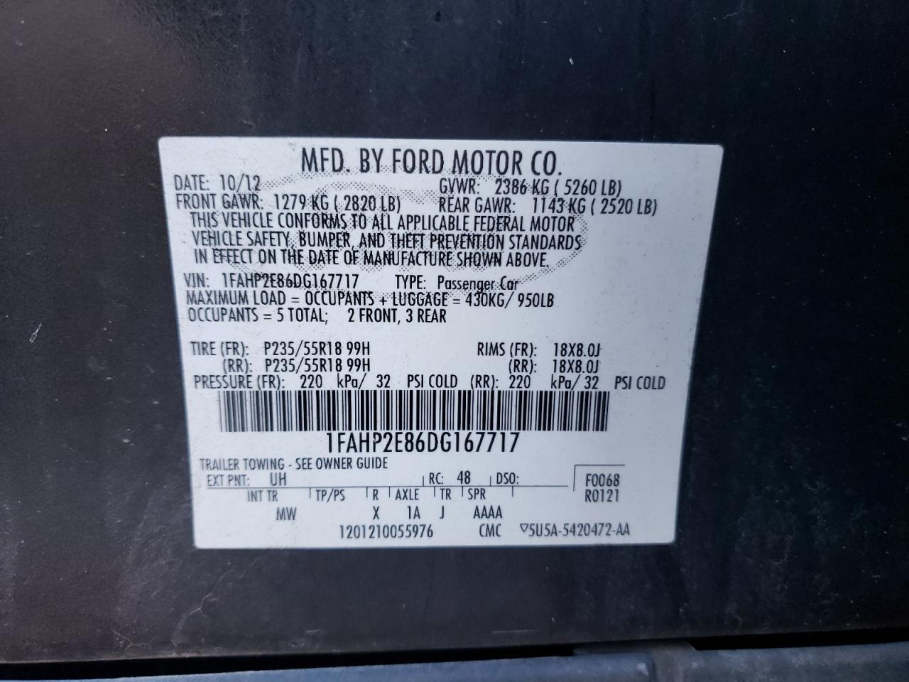 Photo 10 from auction – 2013 FORD TAURUS SEL with VIN 1FAHP2E86DG167717