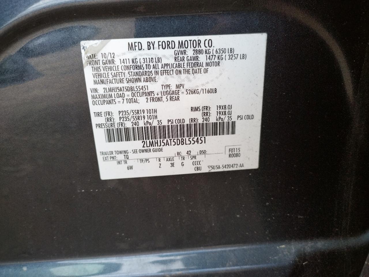 Photo 10 from auction – 2013 LINCOLN MKT with VIN 2LMHJ5AT5DBL55451