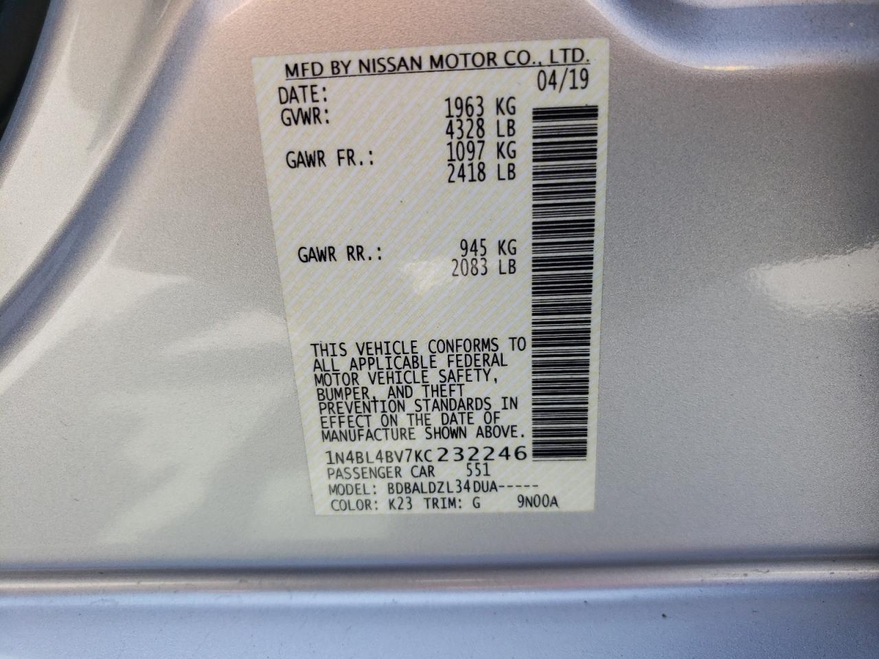 Photo 10 from auction – 2019 NISSAN ALTIMA S with VIN 1N4BL4BV7KC232246