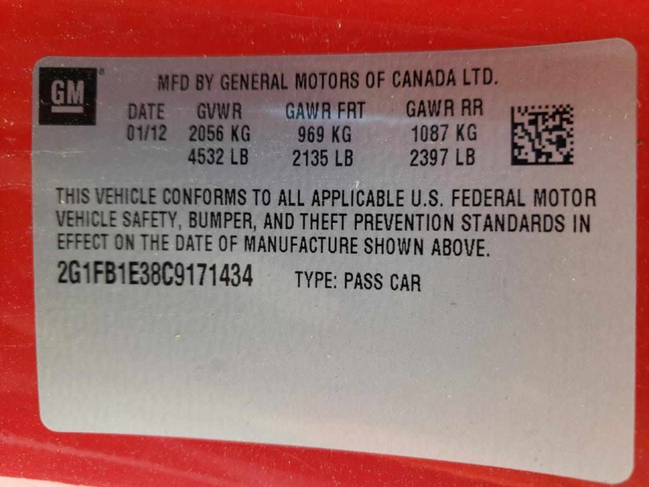 Photo 10 from auction – 2012 CHEVROLET CAMARO LT with VIN 2G1FB1E38C9171434