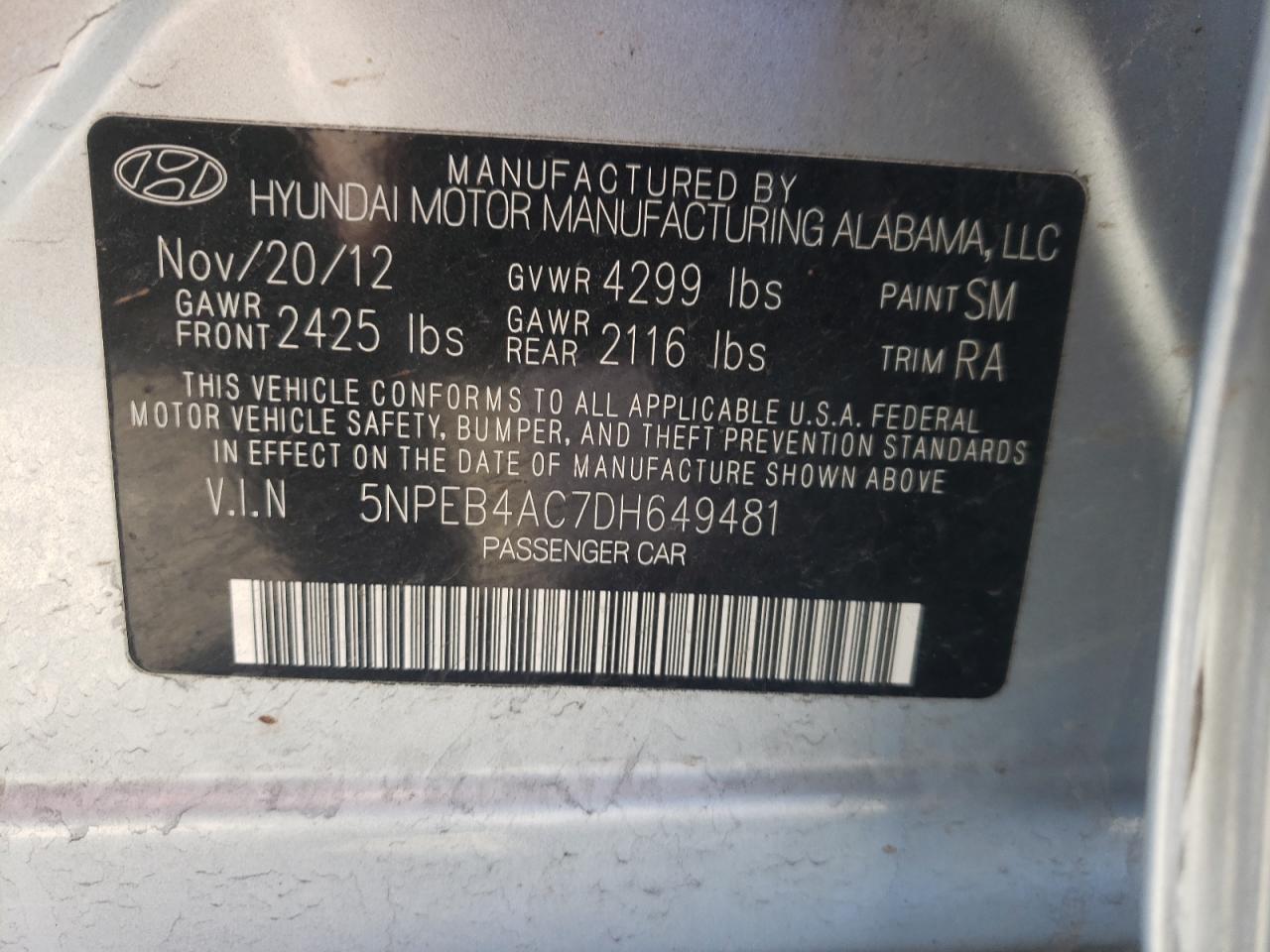 Photo 10 from auction – 2013 HYUNDAI SONATA GLS with VIN 5NPEB4AC7DH649481